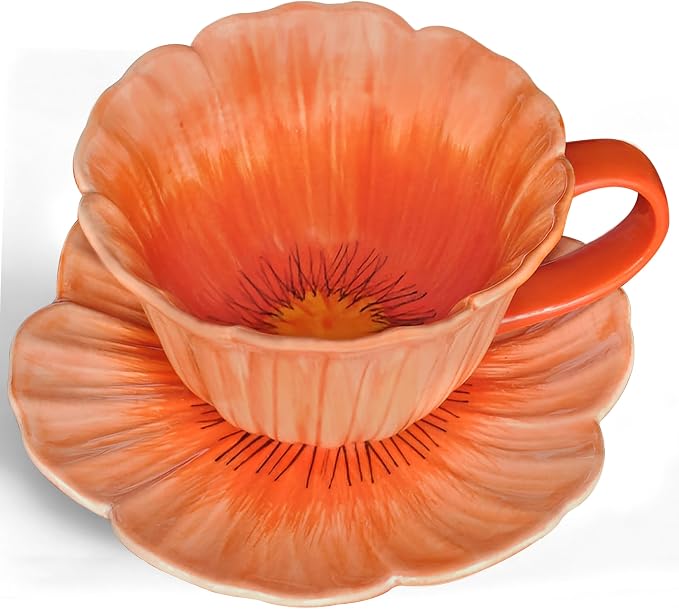 10 oz Tea Cups and Saucers, Ceramic Flower-shaped Cappuccino Cup, Latte Cup and by JUSONEY