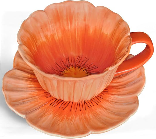 10 oz Tea Cups and Saucers, Ceramic Flower-shaped Cappuccino Cup, Latte Cup and by JUSONEY