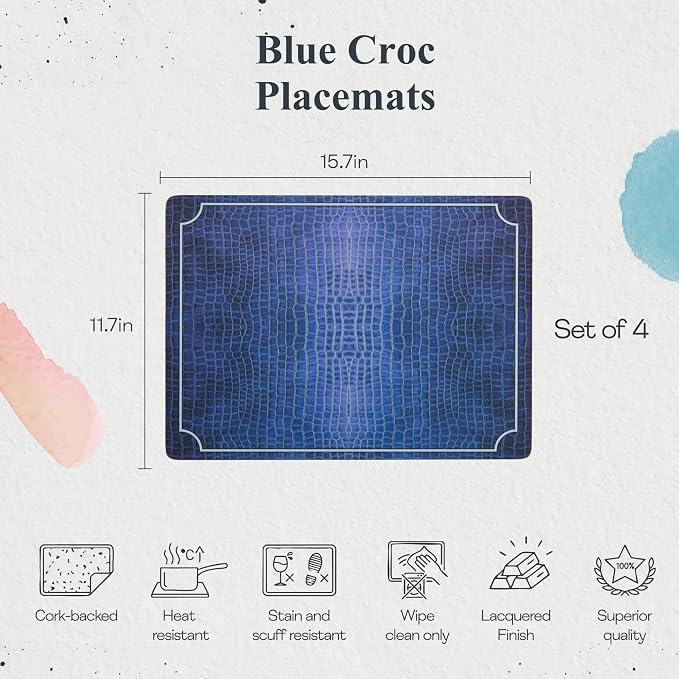 Pimpernel Blue Croc Leather Placemats, Decorative Navy Crocodile Design - Image 2