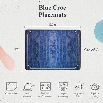 Pimpernel Blue Croc Leather Placemats, Decorative Navy Crocodile Design - Image 2