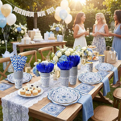 450 Pcs Blue Floral Tableware Set Decorations, Serves 50 | Blue White - Image 5