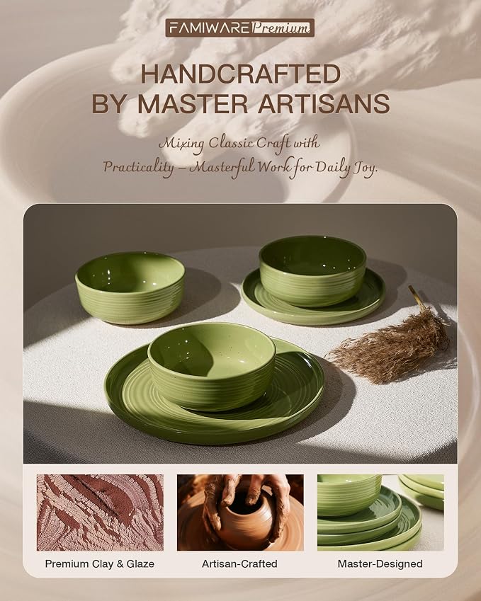 Dinnerware Sest for 8, Ceramic Plates & Bowls, Olive Green | 24-Piece Ceramic - Image 5