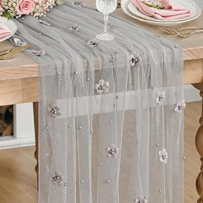 Artoid Mode Gray Flower Pearl Gray Gauze Table Runner 10FT, Seasonal Sheer by ArtoidMode