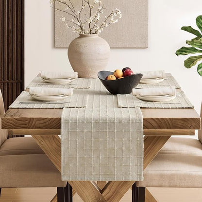 Artisanal Grid Linen Table Runner, 13x90 Inches Neutral Beige | Heavy Textured - Image 4