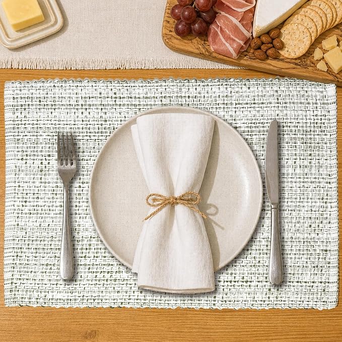 Cotton Placemats Set of 4, 13x19 Inch, Neutral Green Ivory | Washable Woven - Image 4