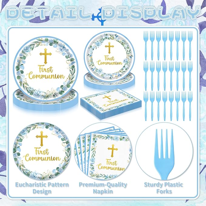 96 Pieces First Communion Floral Tableware Set – Blue Floral Cross Disposable - Image 3