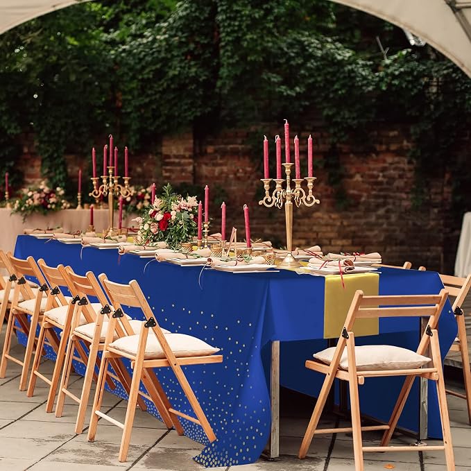 16Pack Disposable Plastic Tablecloths and Satin Table Runner Set Blue and Gold - Image 6