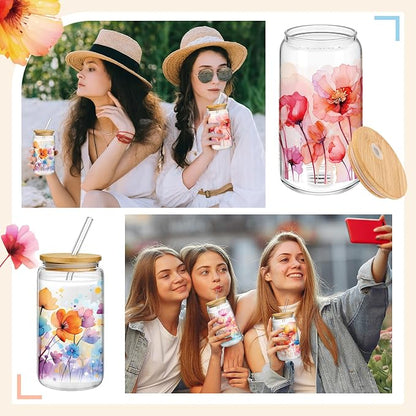 Mumufy 4 Pack Wildflower Glass Cups Gift Aesthetic Cute Glass Cup Tumbler - Image 7
