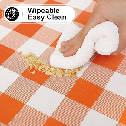 misaya Round Waterproof Vinyl Table Cloth, Buffalo Flannel Backed Tablecloth, Wipeable Plastic Table Cover for Dinner, Kitchen, Picnic (60", Orange and White)