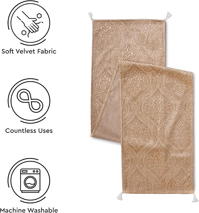 Encasa XO Table Runner, Embossed Velvet, Elegant 13"x72" | Beige, 175 GSM - Image 4