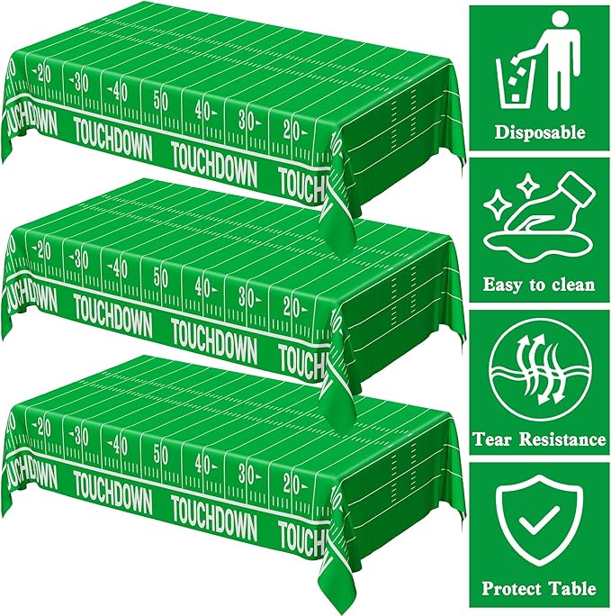 QZYL Football Party Supplies - 3PCS Touchdown Tablecloths, Disposable Tablecloths, Plastic Table Cover, Touchdown Theme Table Runner for Game Day, Birthday Party Decorations