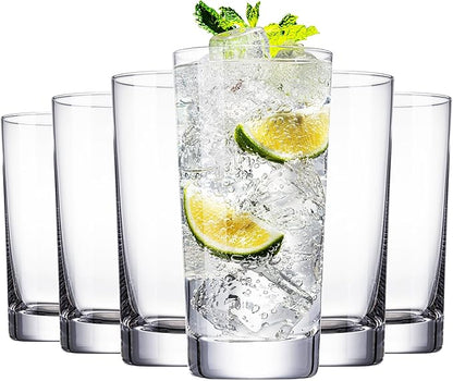 Drinking Glasses, 13.5oz Highball Glasses Drinking Set Of 6, Borosilicate Water Glass Cups, Clear Vintage Glassware for Juice, Mojito, Tom Collins & Mixed Cocktail Drinks