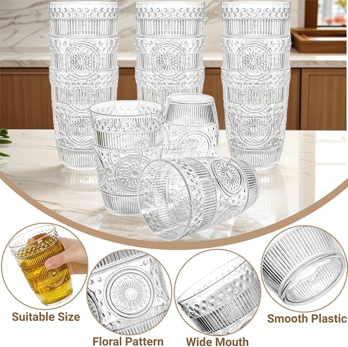 Pumtus 12 Pack Clear Plastic Tumblers, 15 OZ Reusable Romantic Drinking Cup - Image 3