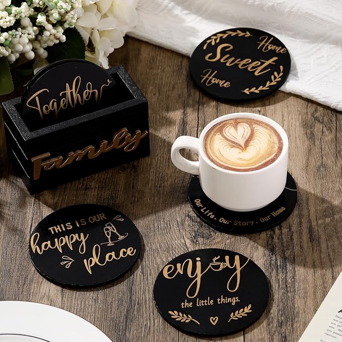 Queekay Coasters Set of 6 House Warming Gifts New Home Wooden Farmhouse Drink - Image 6