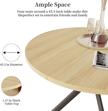 45.3'' Walnut Round Dining Table Set for 4, Mid Century Modern Small Coffee Set for Dining Room Kitchen Apartment (Cream Table + 4 White Chairs)