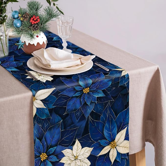 Winter Navy Blue Poinsettia Table Runner Christmas Floral Burlap Table Runners - Image 4