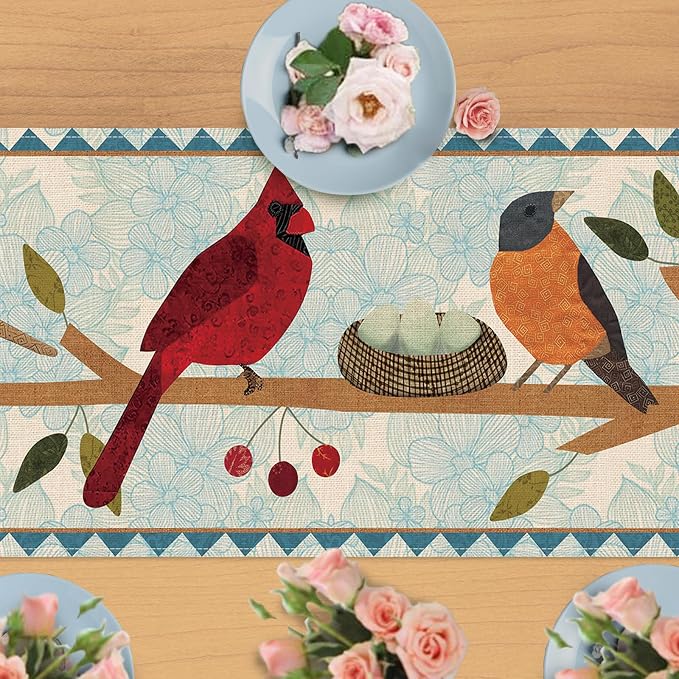 Seliem Spring Summer Birds Blue Table Runner, Cardinal Chickadee Bluebird | - Image 4