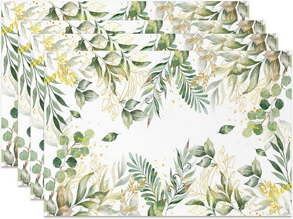 AOFOTO Watercolor Leaves Printed Placemats Set of 4 Spring Sage Green Gold Leaves Place Mats Washable Rectangular Table Mats for Party Home Kitchen Restaurant Dining Table Decor 12x18 Inch