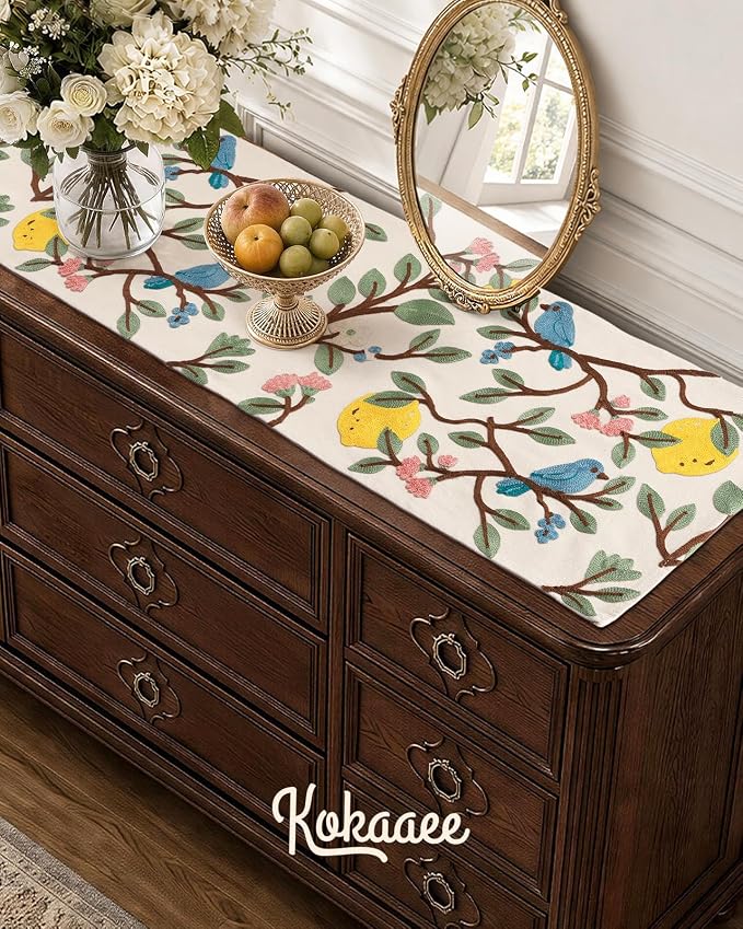 Canvas Embroidered Narrow 13"x 36" Table Runner, Lemon Bird | Exquisite - Image 5