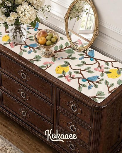Canvas Embroidered Narrow 13"x 36" Table Runner, Lemon Bird | Exquisite - Image 5