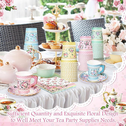 SUMMORO 180 Pcs Floral Paper Tea Cups and Plates 9 OZ Disposable Paper TeaCups - Image 6