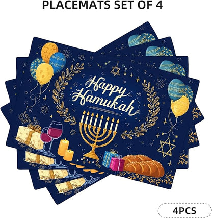 Hanukkah Placemats Set of 4 Washable Table Place Mats for Dining Kitchen Party Decor