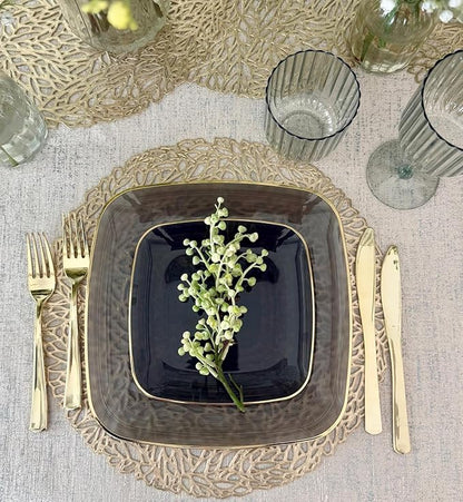 " OCCASIONS " 120 Pieces Pack,(60 Guests) Premium Wedding Party Disposable Plastic Plates Set -60 x 10'' Dinner + 60 x 7'' Salad/Dessert (Belize Square in Smoke Gray & Gold)