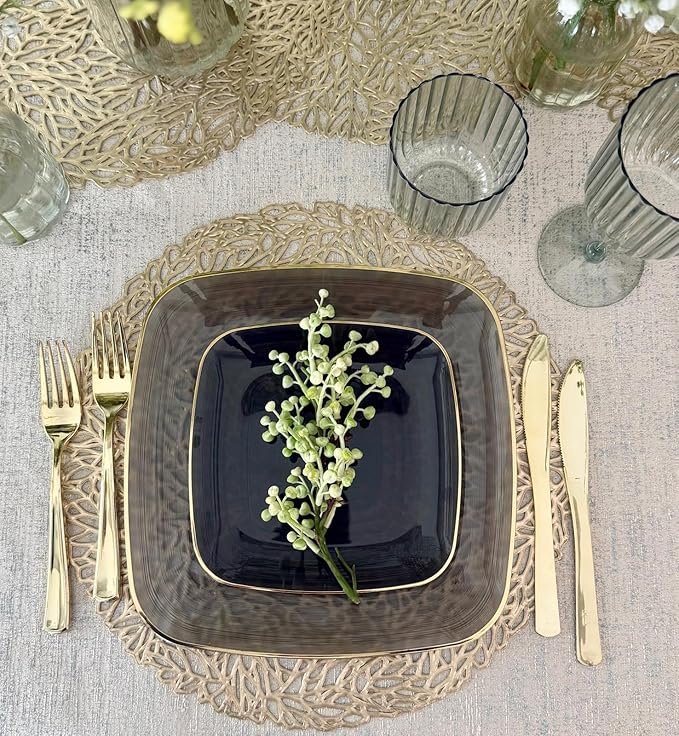 " OCCASIONS " 100 Plates Pack,(50 Guests) Premium Wedding Party Disposable Plastic Plates Set -50 x 10'' Dinner + 50 x 7'' Salad/Dessert (Belize Square in Black & Gold)