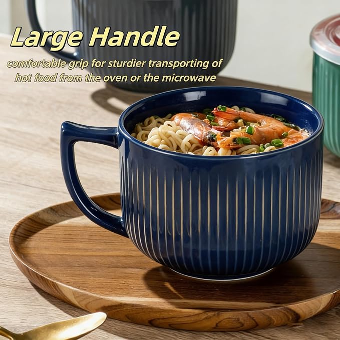 Soup Bowl with Handle & Lid, Jumbo 38oz Microwave Ramen Bowl Vintage Blue | - Image 4