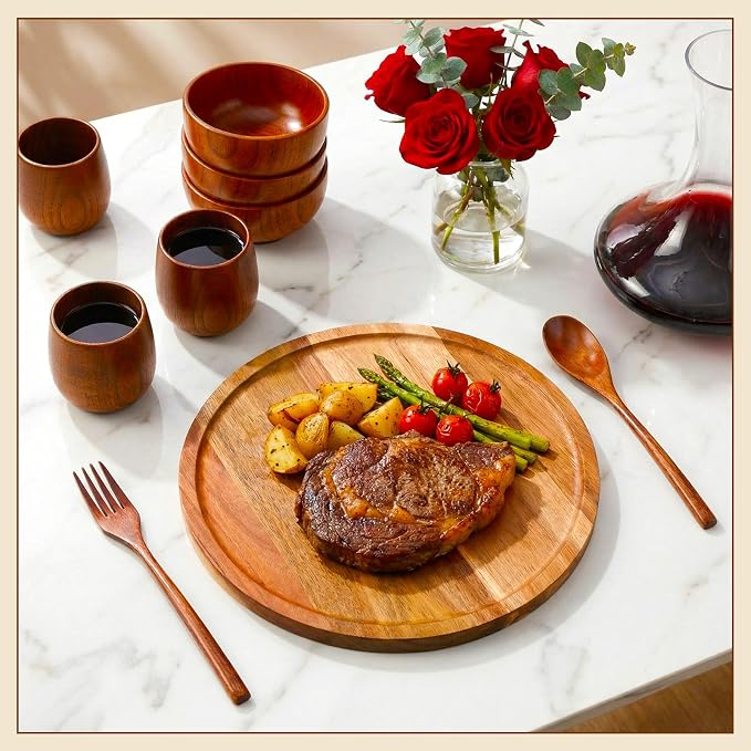 20 Pcs Acacia Wood Dinnerware Set 11.6 Inch Round Wooden Plates Bowls Tea Cups - Image 3
