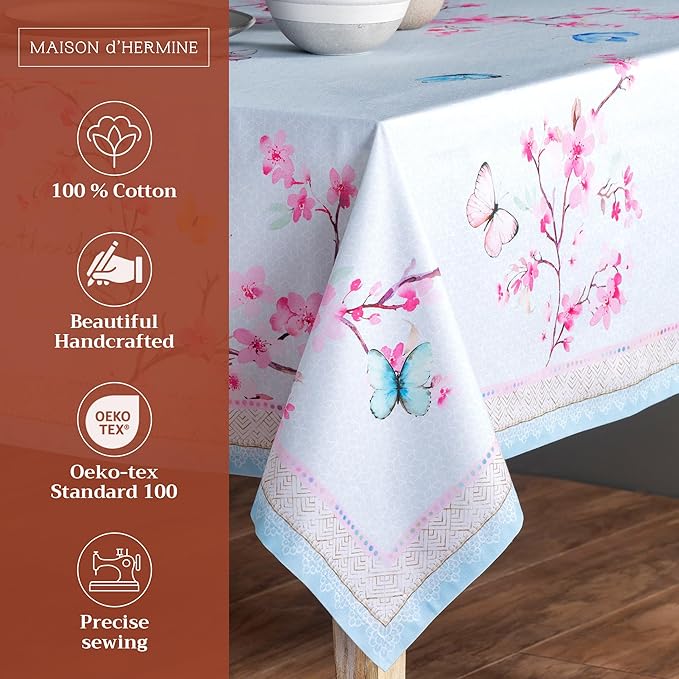 Maison d' Hermine Table Cloth Rectangle Table 100% Cotton 60 x 120 Inches Tablecloth Reusable Decorative for Dining Room Farmhouse Home Valentines Day Decorations Spring Summer - Blossoms in Spring