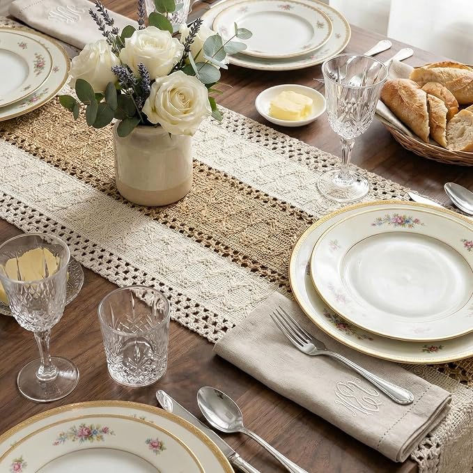 Burlap Boho Table Runner Macrame Brown 108in Farmhouse Woven Runner | Burlap - Image 8