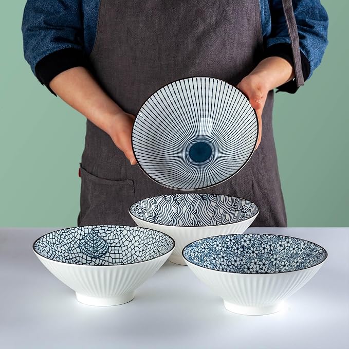 38 oz Japanese Ramen Bowls Set of 4, Large Pho Bowls, 8 Inch Ceramic Blue and - Image 7