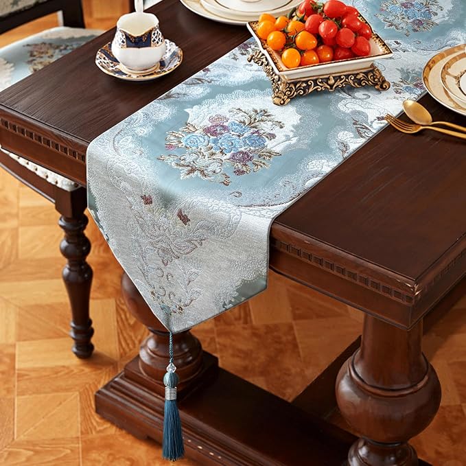 Luxurious Table Runners 98" Long Chenille Jacquard Wedding Decor Baby Blue | by HeMiaor