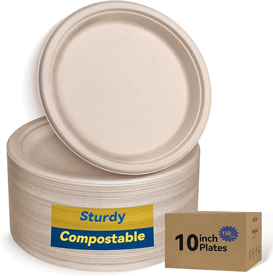 10 Inch Heavy Duty Paper Plates 150 Pack – Compostable, Eco-Friendly, Biodegradable Sugarcane & Bamboo Fiber, Sturdy Disposable Plates for Party, Camping & Everyday Use