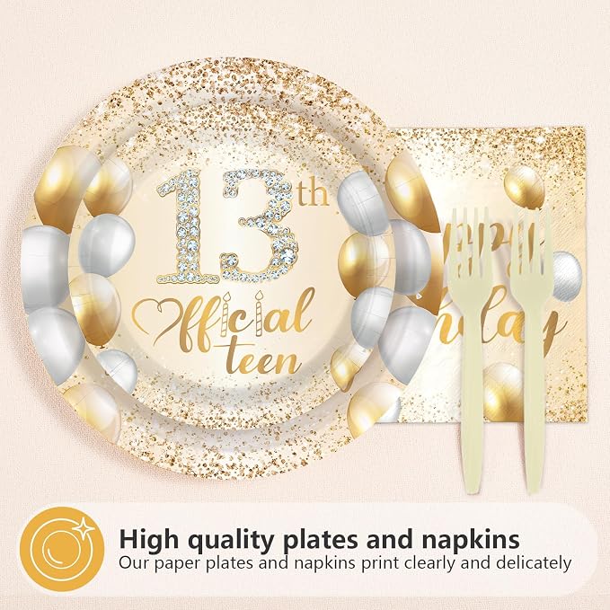 96Pcs White Gold 13th Birthday Party Decorations, Serves 24 | Official 13 Teen - Image 4
