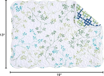 C&F Home Olivia Blue and White Floral Cotton Quilted Reversible Machine Washable Vintage Design Placemat Set 6 Scalloped Edges for Kitchen or Dining Table Rectangular Placemat Set of 6 White