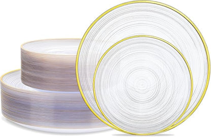 Morejoy 100Pcs Clear Plastic Plates,Clear Disposable Plates With Gold Rim,Heavy-duty Gold Plate, Modern swirl design Plate Include 50Clear Dessert-Platos,50Dinner-Platos for Party&Christmas