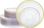 Morejoy 100Pcs Clear Plastic Plates,Clear Disposable Plates With Gold Rim,Heavy-duty Gold Plate, Modern swirl design Plate Include 50Clear Dessert-Platos,50Dinner-Platos for Party&Christmas