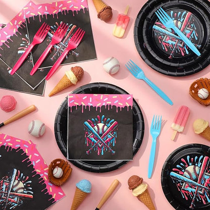Yungyan 24 Sets Ice Cream Drip Baseball Party Supplies Disposable Ice-cream Drip Baseball Paper Plates and Napkins Forks Summer Sports Party Baby Shower Decoration Tableware Dinnerware for Women Men