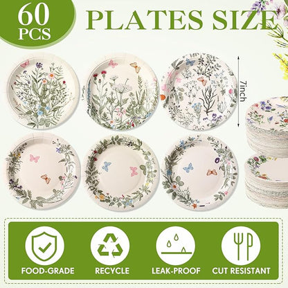 60 Pcs 7 Inch Vintage Wildflower Paper Plates Retro Flower Plant Herb Decorations Tableware Butterfly Dinnerware Decoration for Spring Summer Garden Home Picnic Decoration Supplies
