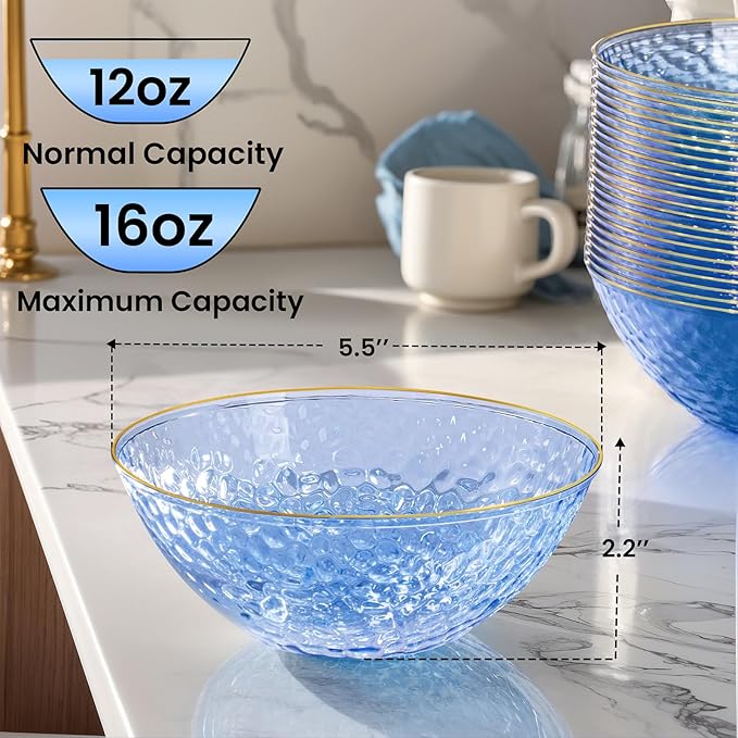 30 Pack 12 Ounce Blue Plastic Bowls Hammered Clear Bowl - Image 5