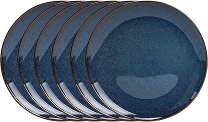 Organic Shape Highland Ceramic Dinner Plates, 6pcs 10.5 Inch Handmade Reactive Glaze Dinnerware Sets with Wavy Edge, for Kitchen, Microwave & Dishwasher Safe, Scratch Resistant-Blue