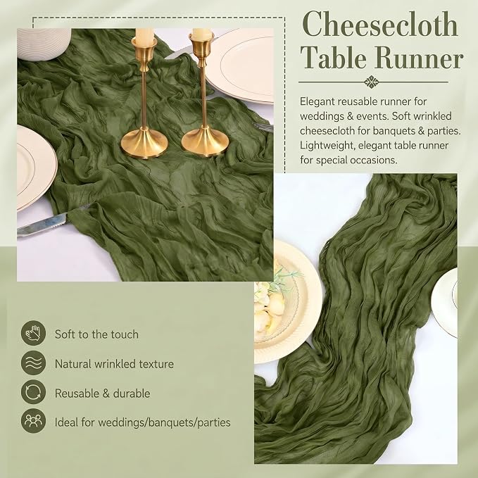 12 Pack Olive Green Cheesecloth Table Runner 17x108 Inch Boho Rustic Semi Sheer - Image 5