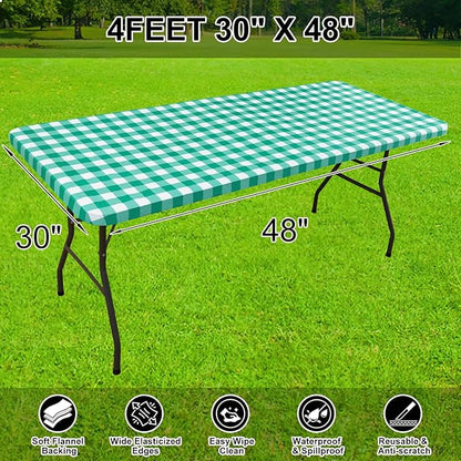 Smiry Rectangle Picnic Table Cloth, Elastic Waterproof Fitted Vinyl Tablecloths, Flannel Backed Buffalo Plaid Table Covers for Dining, Camping, Outdoor (White and Green, 30" x 48")