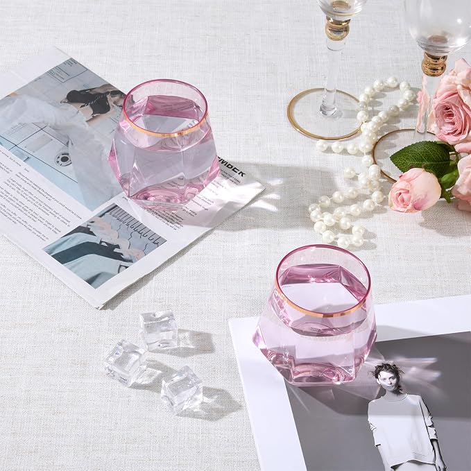 Goodluck 40PCS 12oz Diamond Plastic Pink Wine Whiskey Glasses Rose Gold Rim | - Image 2