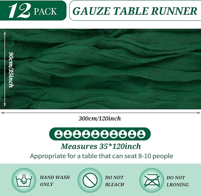 YMHPRIDE 12 Pack Cheesecloth Table Runner 35x120in Dark Green Table Runner | - Image 2