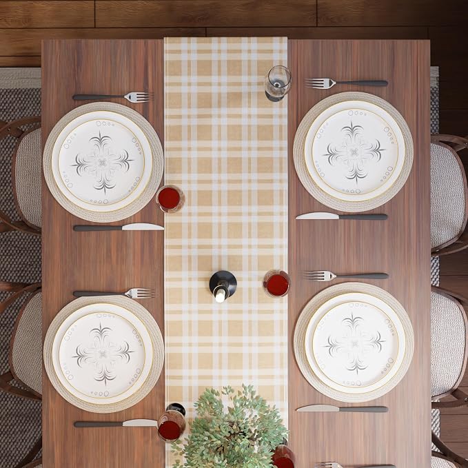 Encasa XO Table Runner, Woven Cotton Dining Runner 13"x94" Franca Beige Checks - Image 6