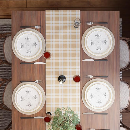 Encasa XO Table Runner, Woven Cotton Dining Runner 13"x94" Franca Beige Checks - Image 6
