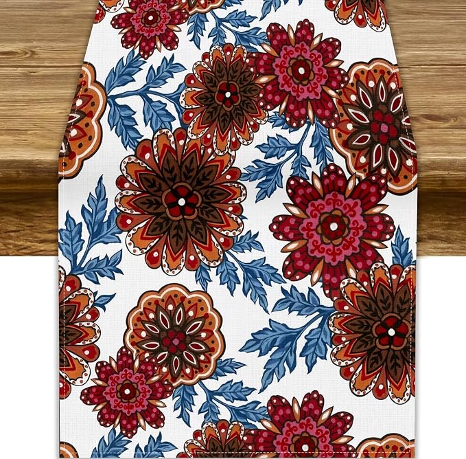 Mandala Flower Table Runner, Vintage Oriental Exotic Native Red Floral Blue by JanJCurt